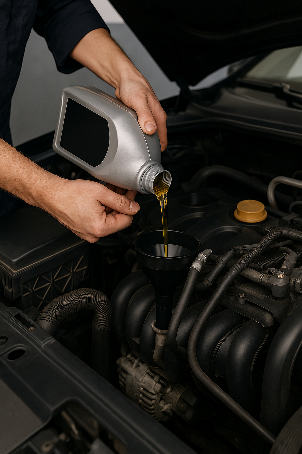 Un homme verse de l'huile dans le moteur d'une voiture.