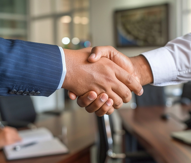 Un homme en costume serre la main d'un autre homme en chemise blanche.