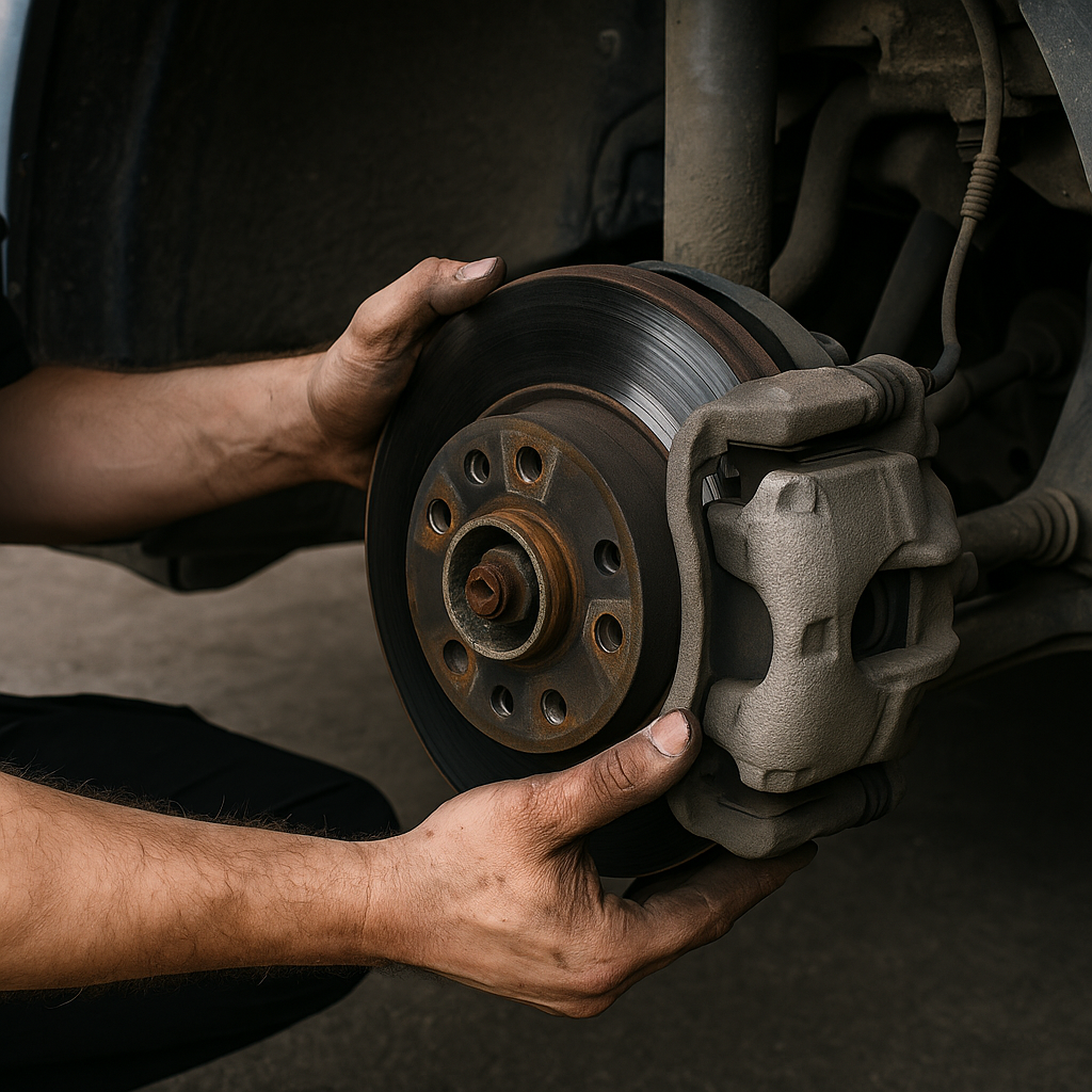 Un homme répare un disque de frein sur une voiture.