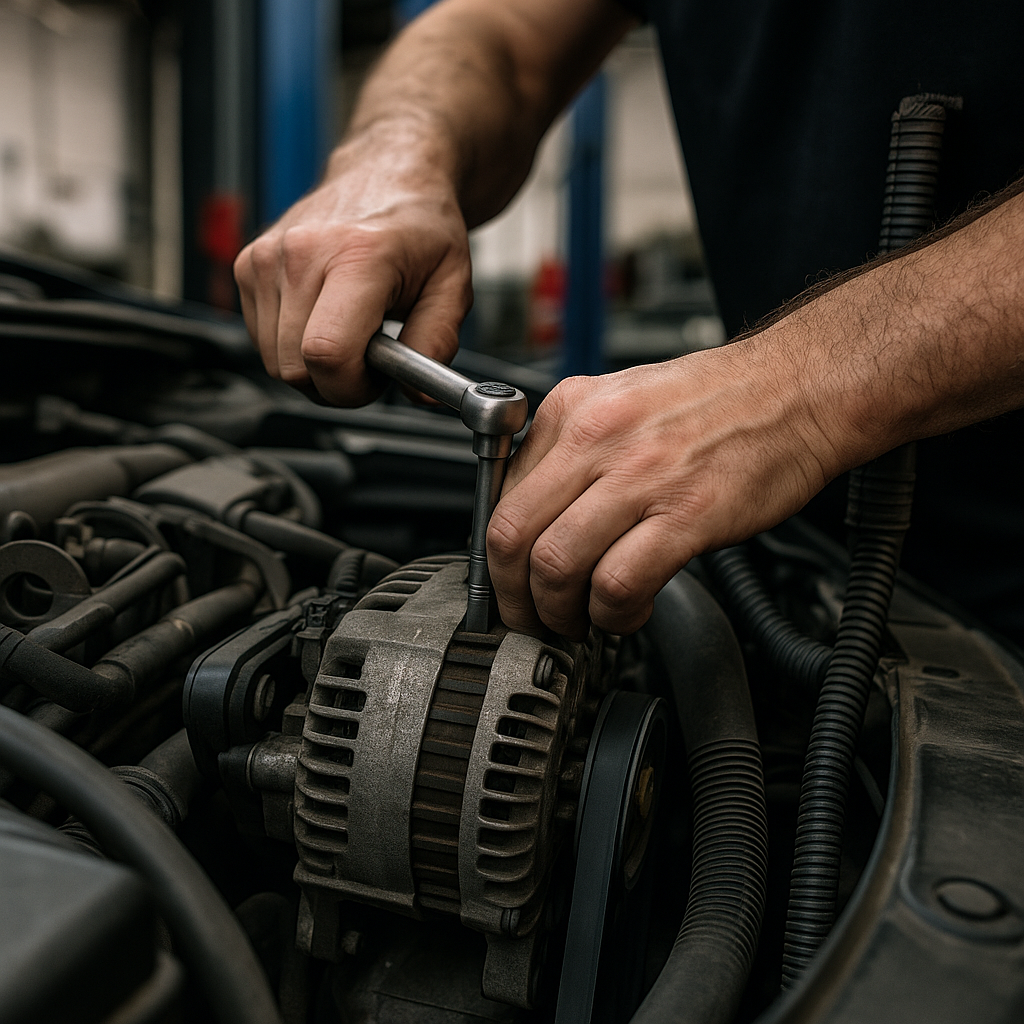 Un homme travaille sur un moteur de voiture avec une clé.