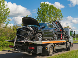 Véhicule accidenté chargé sur un camion plateau.