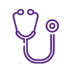 Un icono de estetoscopio morado sobre un fondo blanco.
