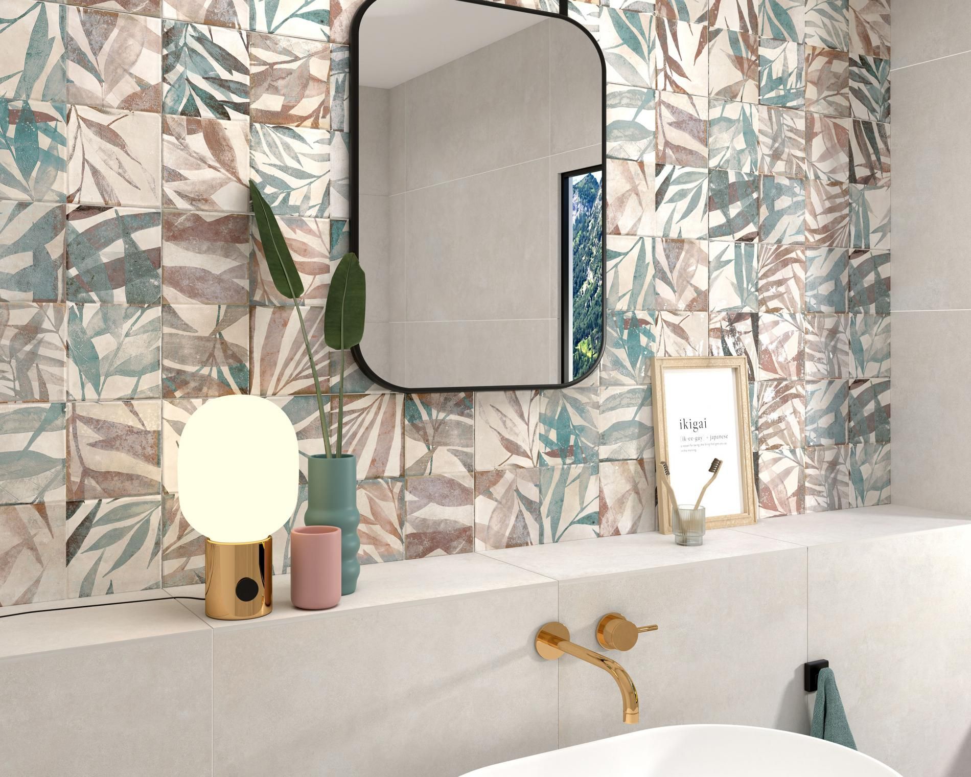 Salle de bains avec revêtement imitation végétale