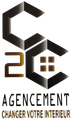 Logo« 2C Agencement » avec un design de maison stylisé en noir et or et le slogan « Changer votre intérieur »