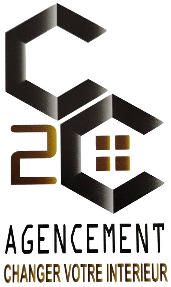Logo« 2C Agencement » avec un design de maison stylisé en noir et or et le slogan « Changer votre intérieur »