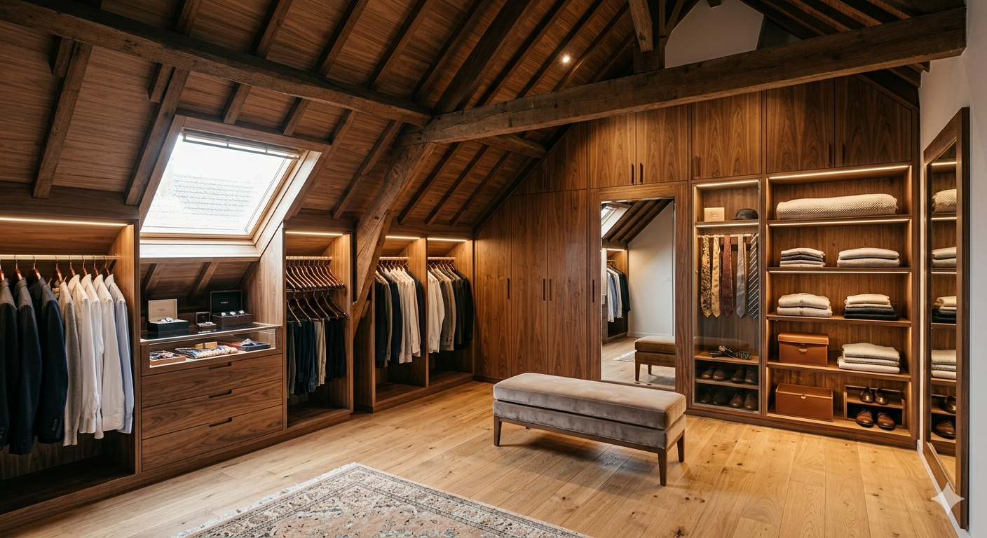 Dressing en bois avec penderie, étagères, banc