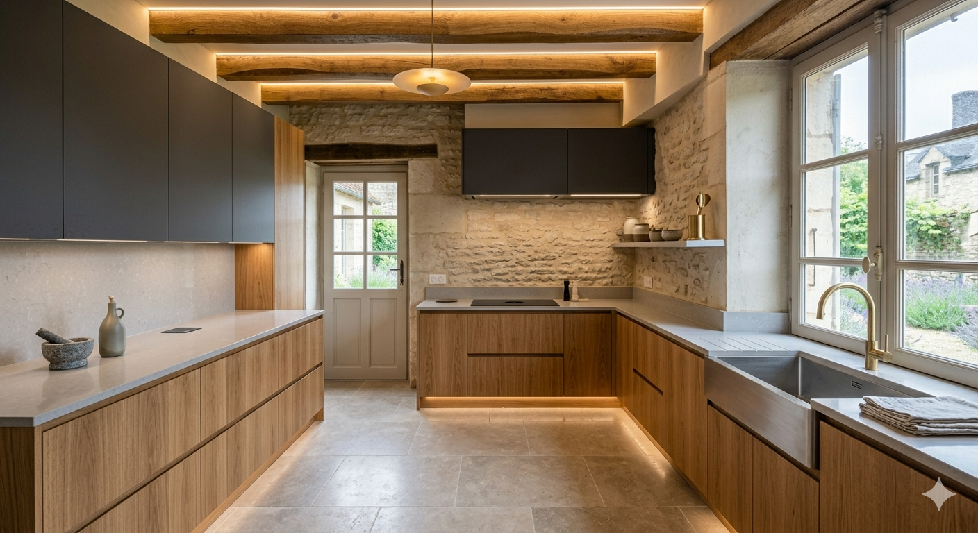 Cuisine moderne en L avec armoires en bois, comptoirs en pierre