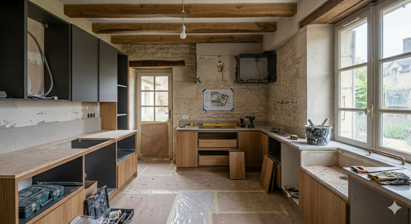 Une cuisine rustique avec des poutres en bois