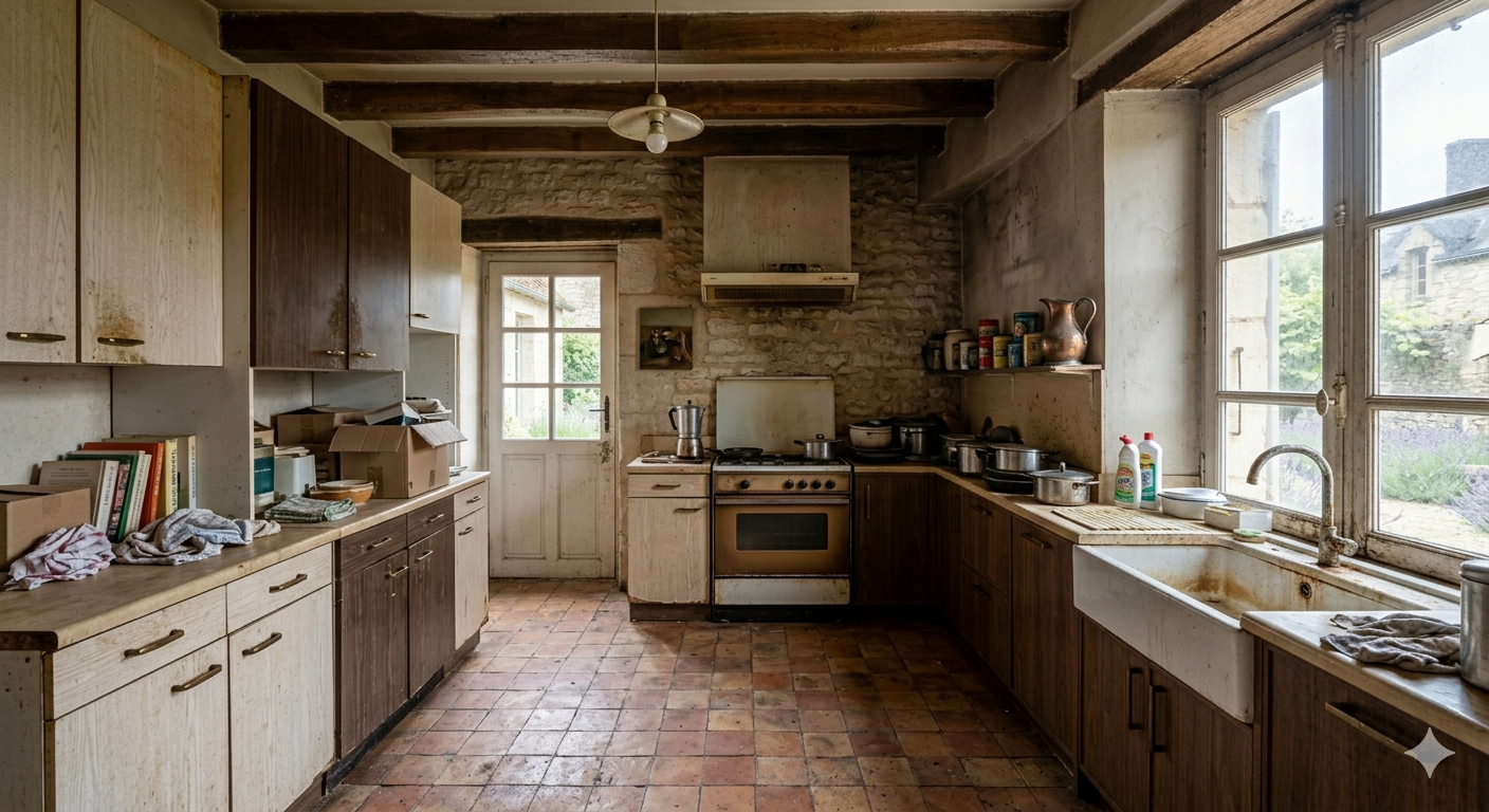 Cuisine rustique avec placards en bois, sol en briques et lumière 