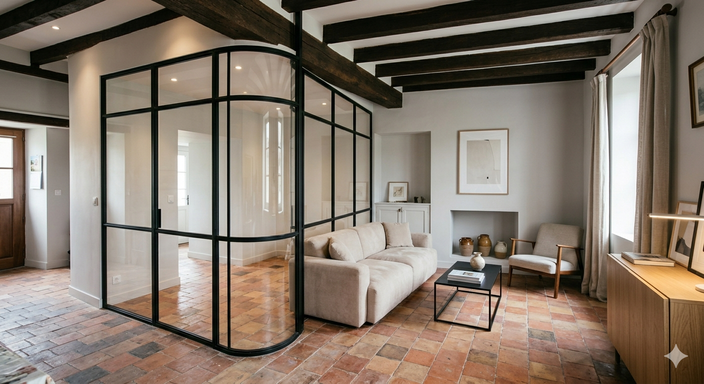 Salon moderne avec cloison vitrée, canapé blanc, fauteuils gris,