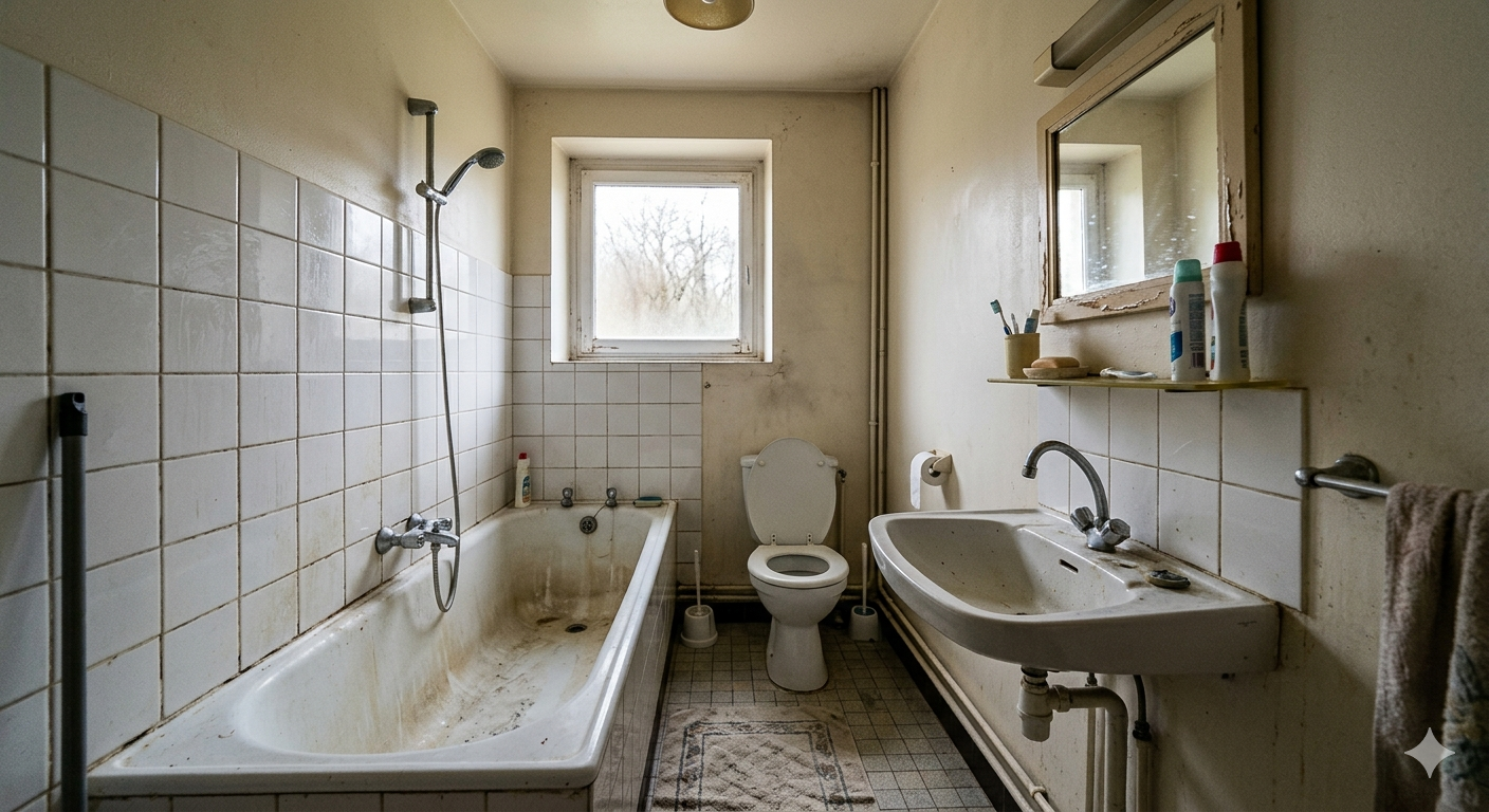 Petite salle de bains carrelée avec baignoire, toilettes, lavabo 