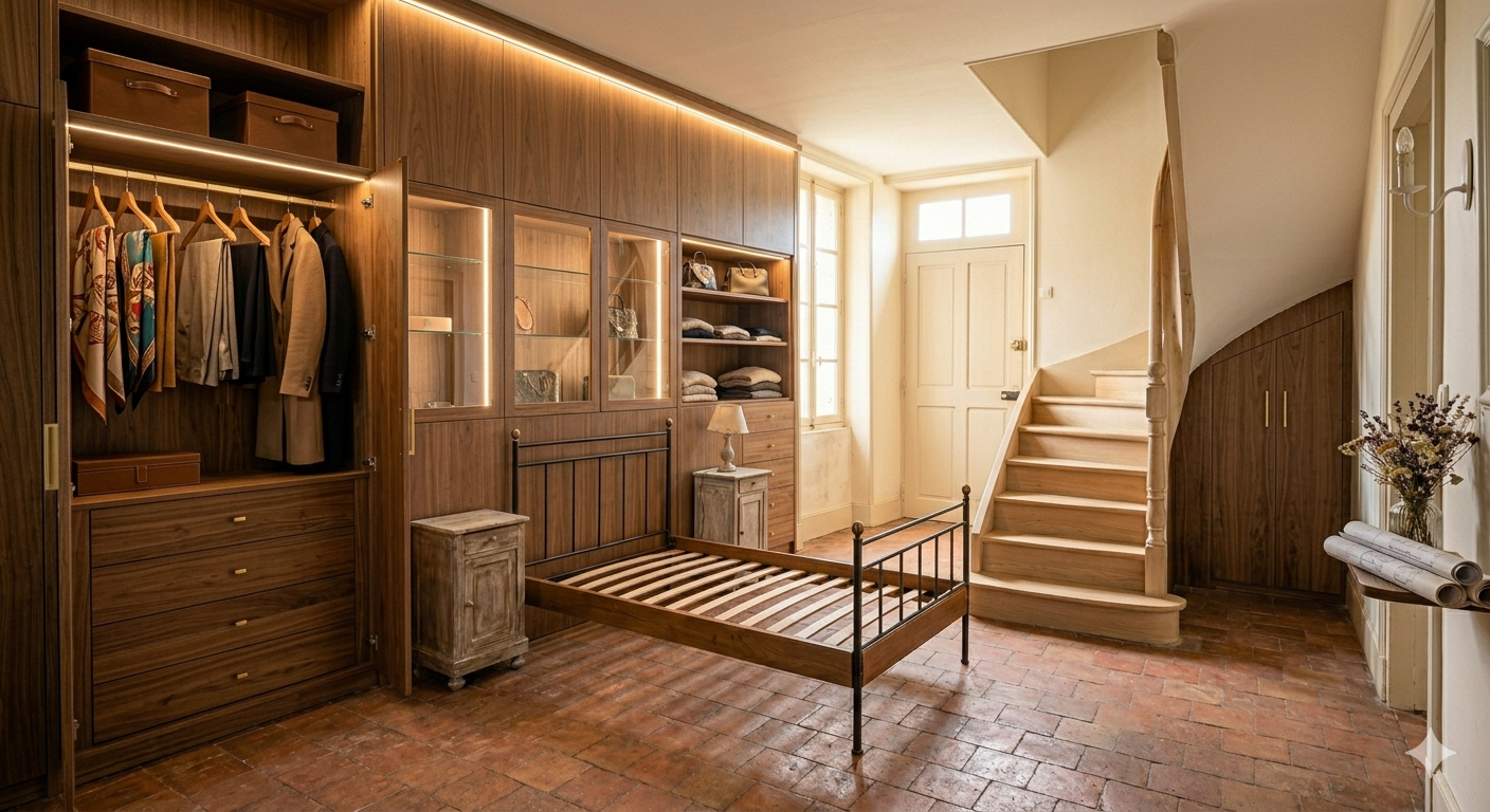 Dressing lumineux avec étagères en bois, vêtements suspendus
