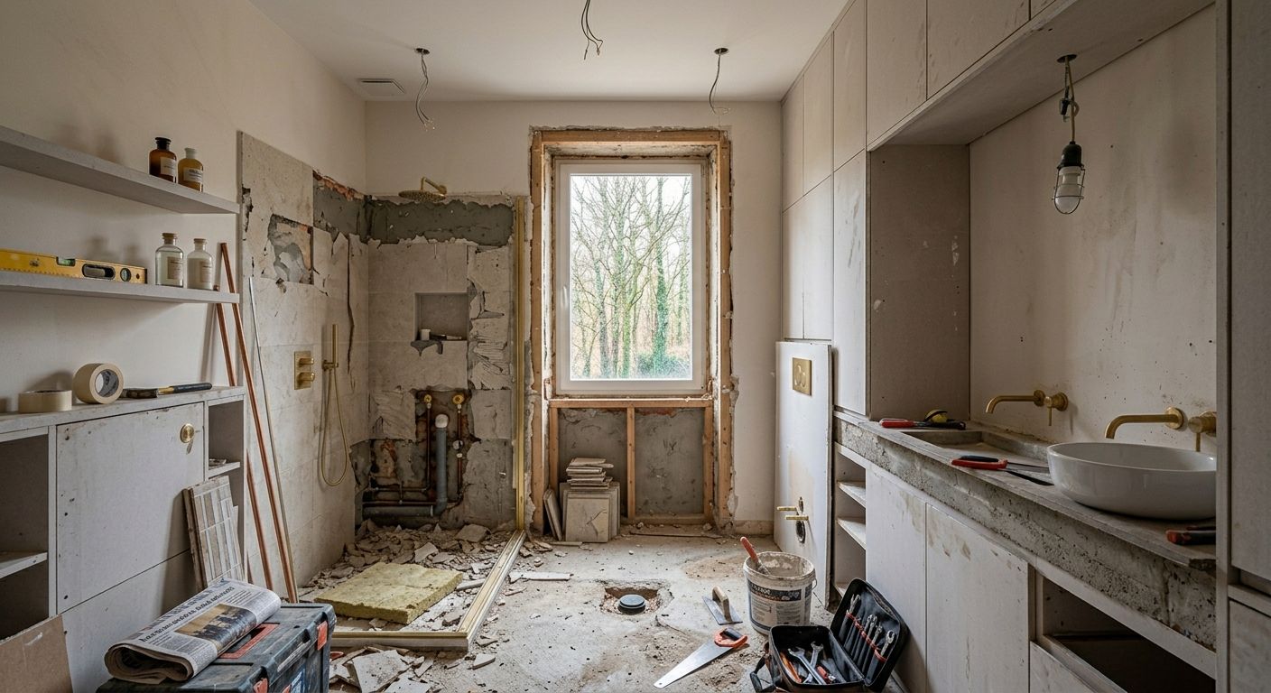 Cuisine rénovée en cours de construction avec outils