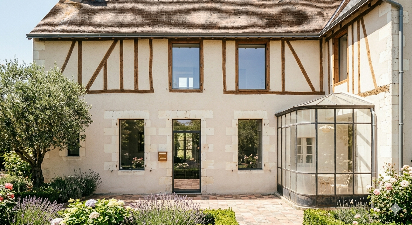 Maison en pierre avec boiseries, jardin à l'avant 