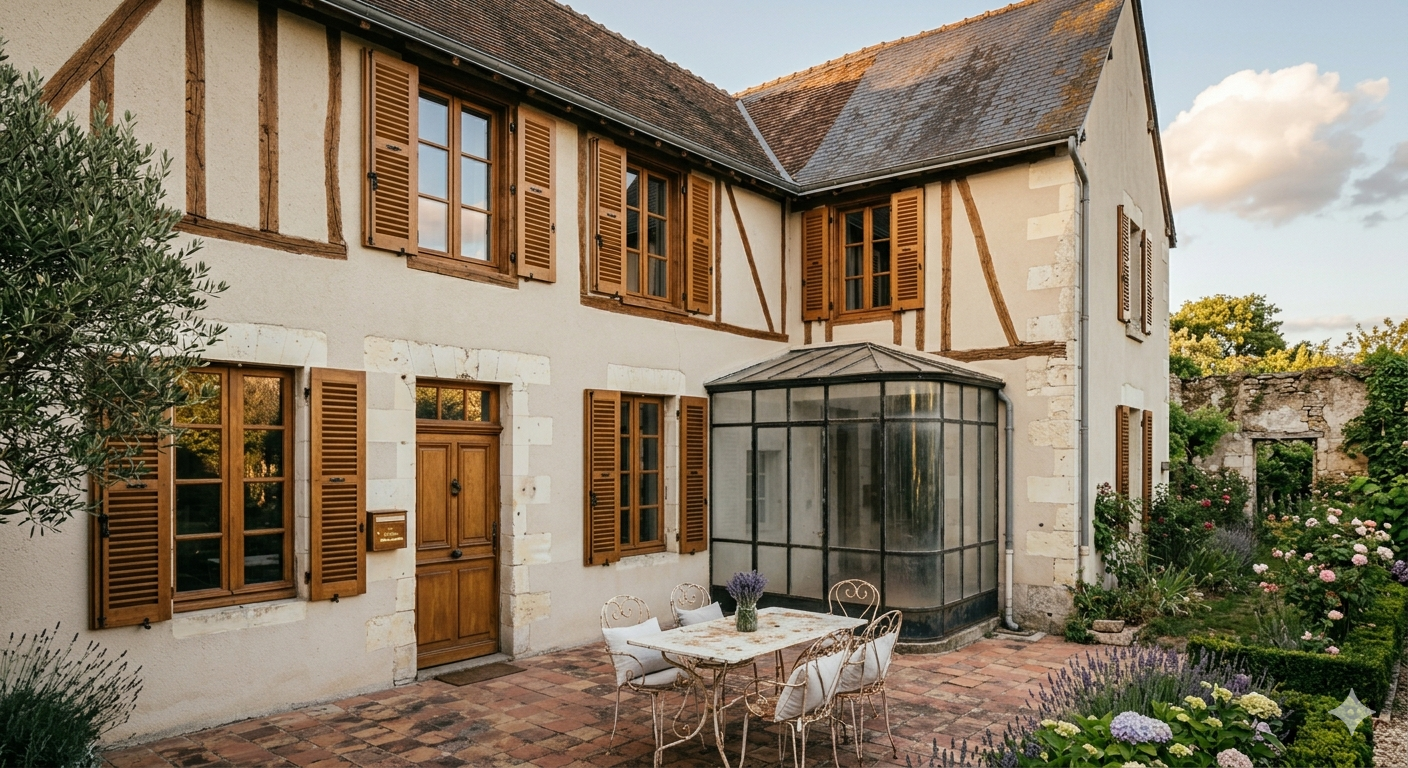Maison blanche avec volets en bois et véranda vitrée