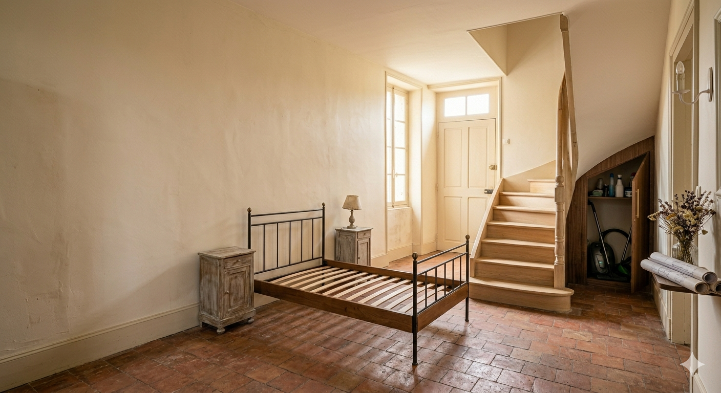 Chambre spartiate avec un cadre de lit en métal, un escalier 