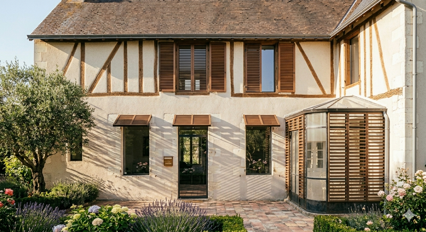 Maison rustique couleur crème avec poutres apparentes, volets verts