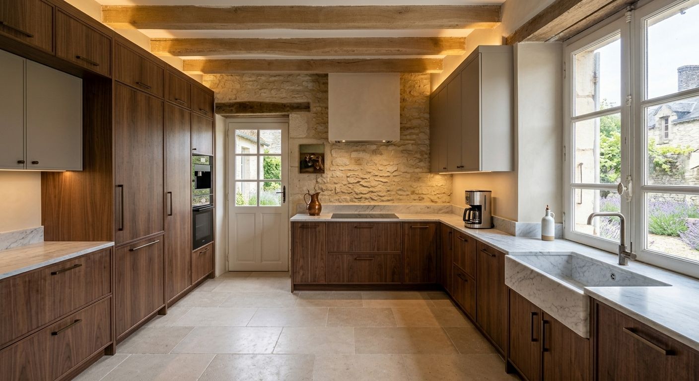 Cuisine moderne avec placards en bois, crédence en pierre