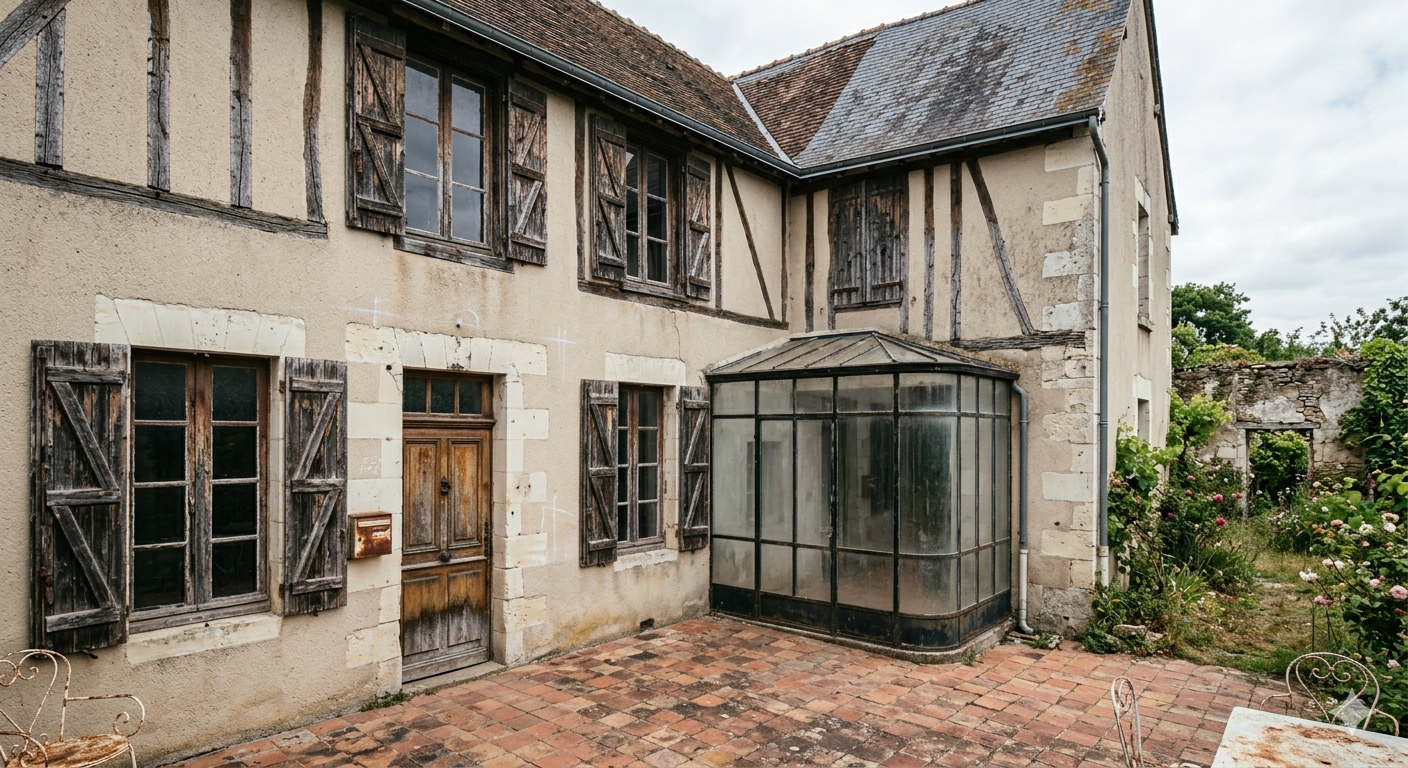 Vieille maison délabrée à deux étages, aux murs fissurés, aux fenêtres brisées
