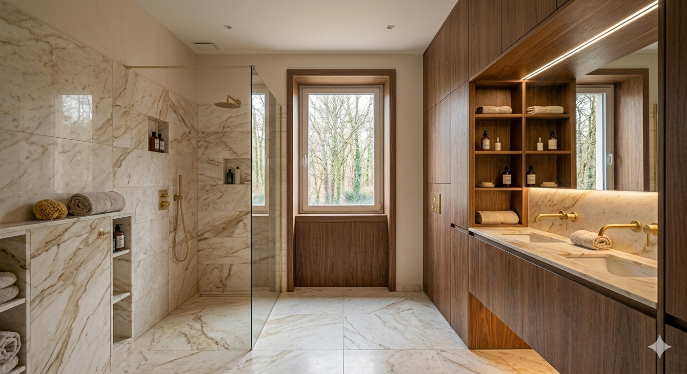 Salle de bains spacieuse en marbre avec meuble-lavabo en bois