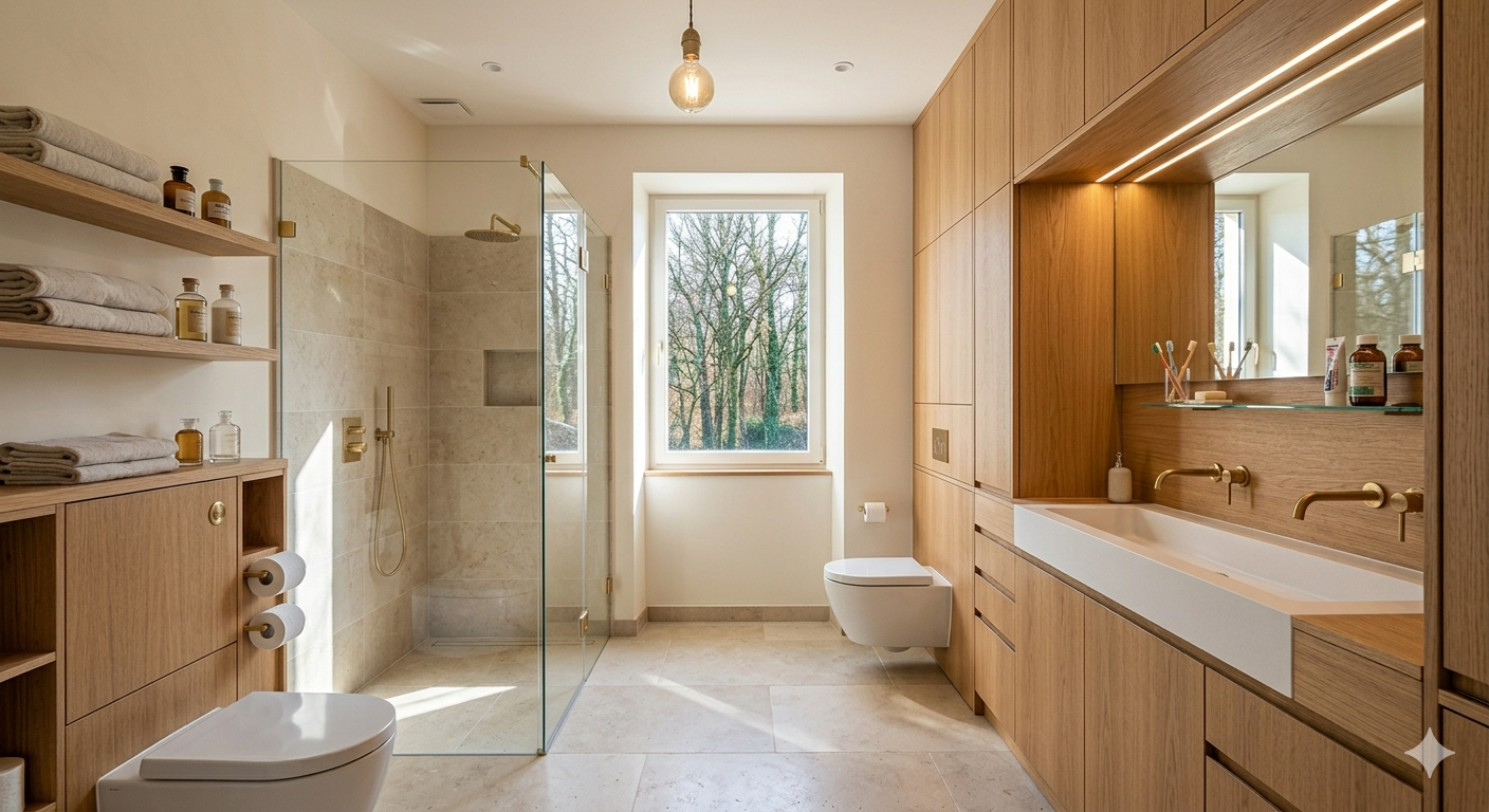 Salle de bains moderne et lumineuse avec douche à l'italienne