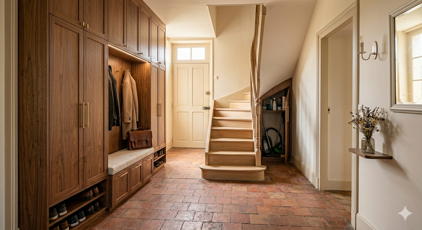 Couloir chaleureux avec placards en bois, sol en briques, porte-manteau