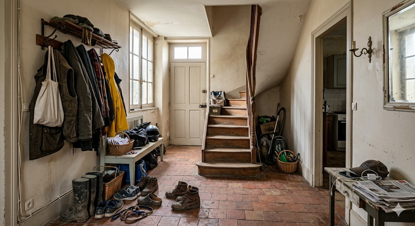 Couloir en désordre avec des manteaux, des chaussures 