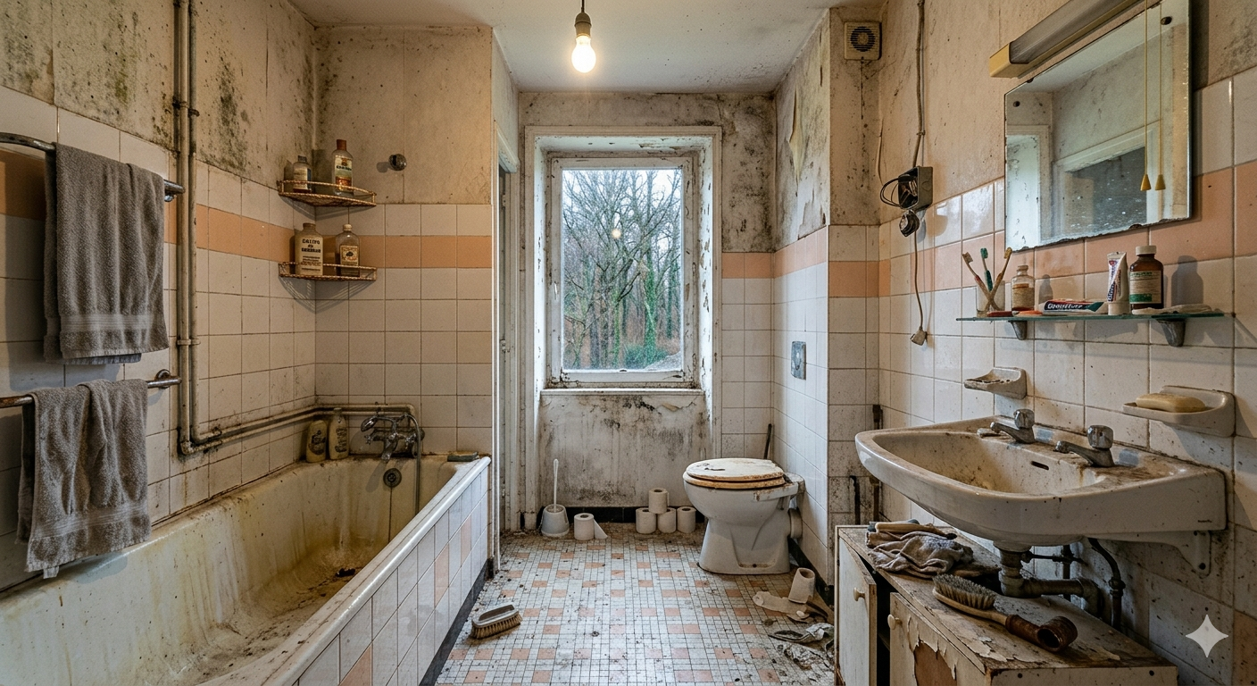 Vieille salle de bains encombrée avec baignoire, toilettes