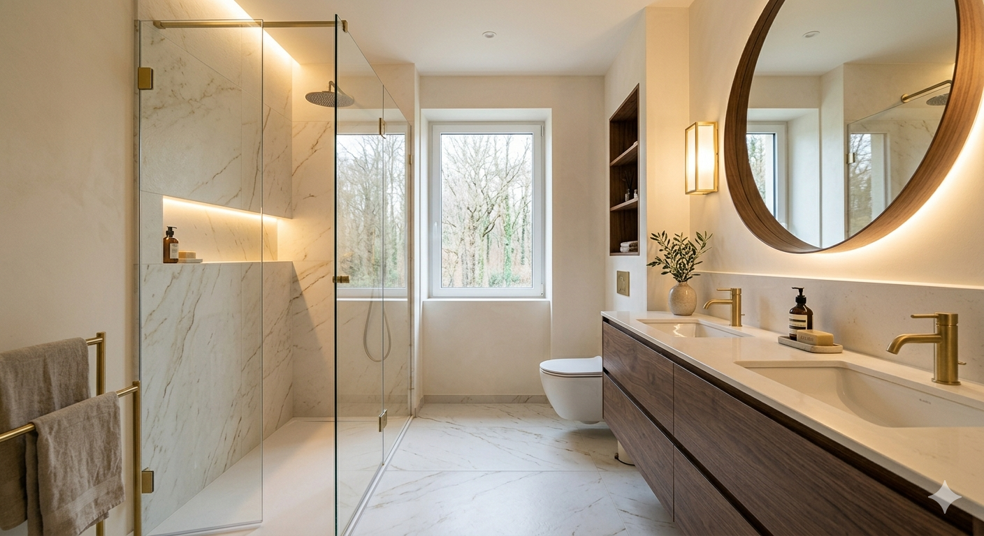 Salle de bains moderne beige avec douche en verre