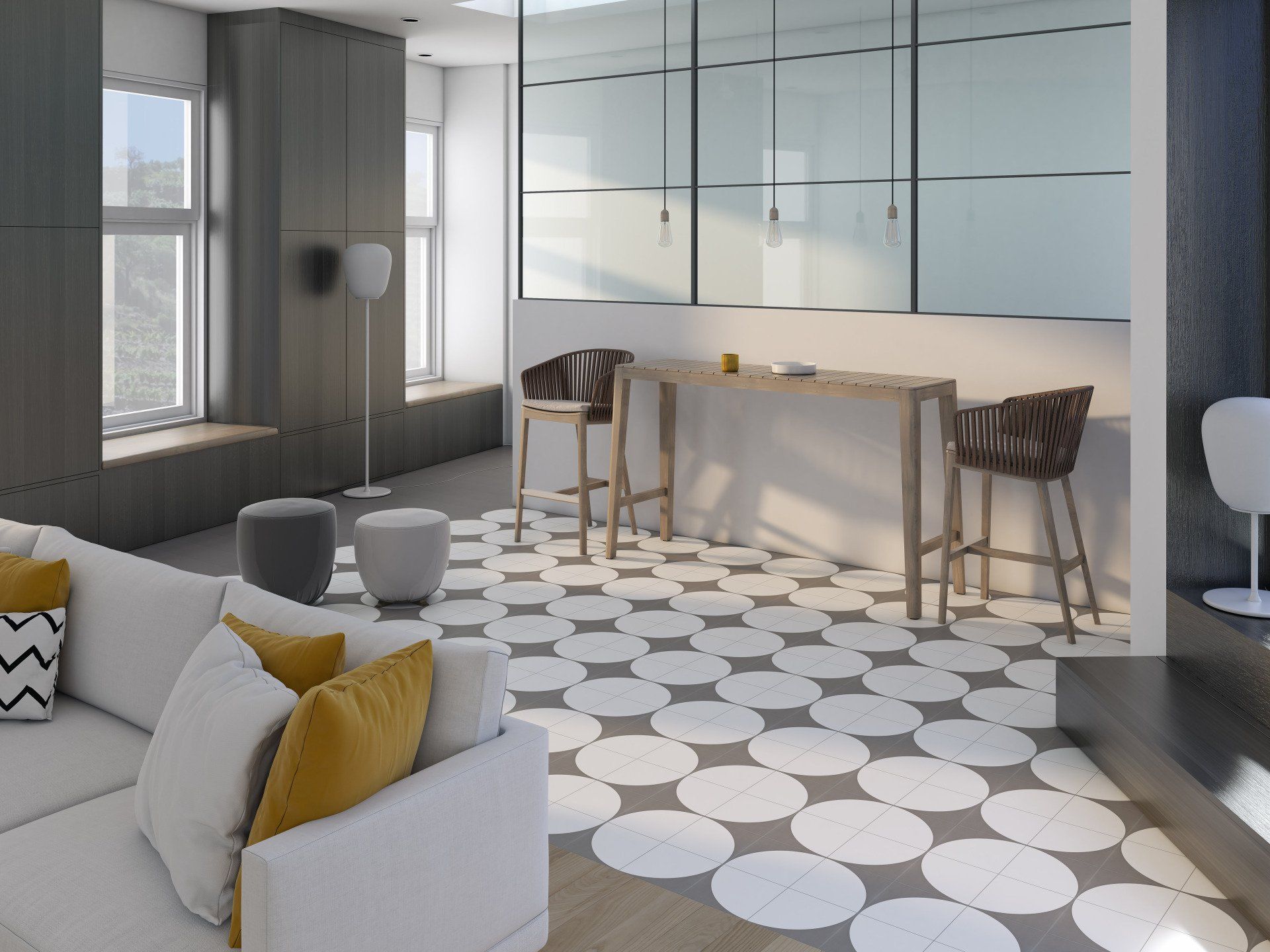 Salon avec carrelage à motif rond