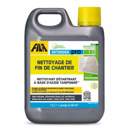 Bouteille de produit nettoyant Deterdek Pro grise et jaune, avec étiquette en français et poignée