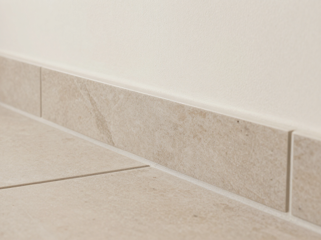 Sol beige carrelé le long d’un mur blanc, avec une plinthe carrelée et une baguette d’angle.