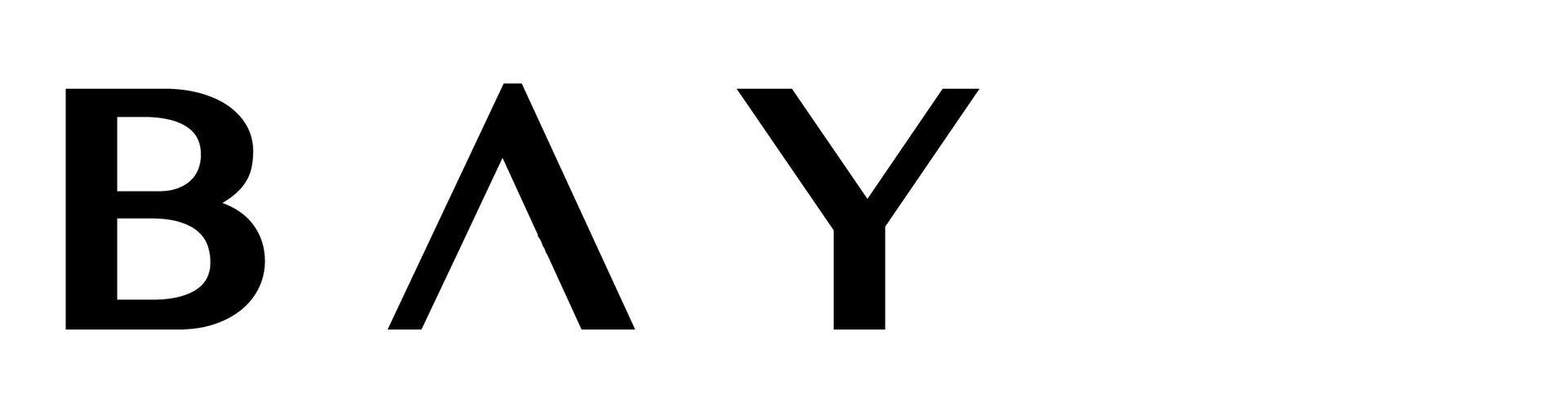 Black geometric letters spelling &ldquo;BAY&rdquo; on a white background.