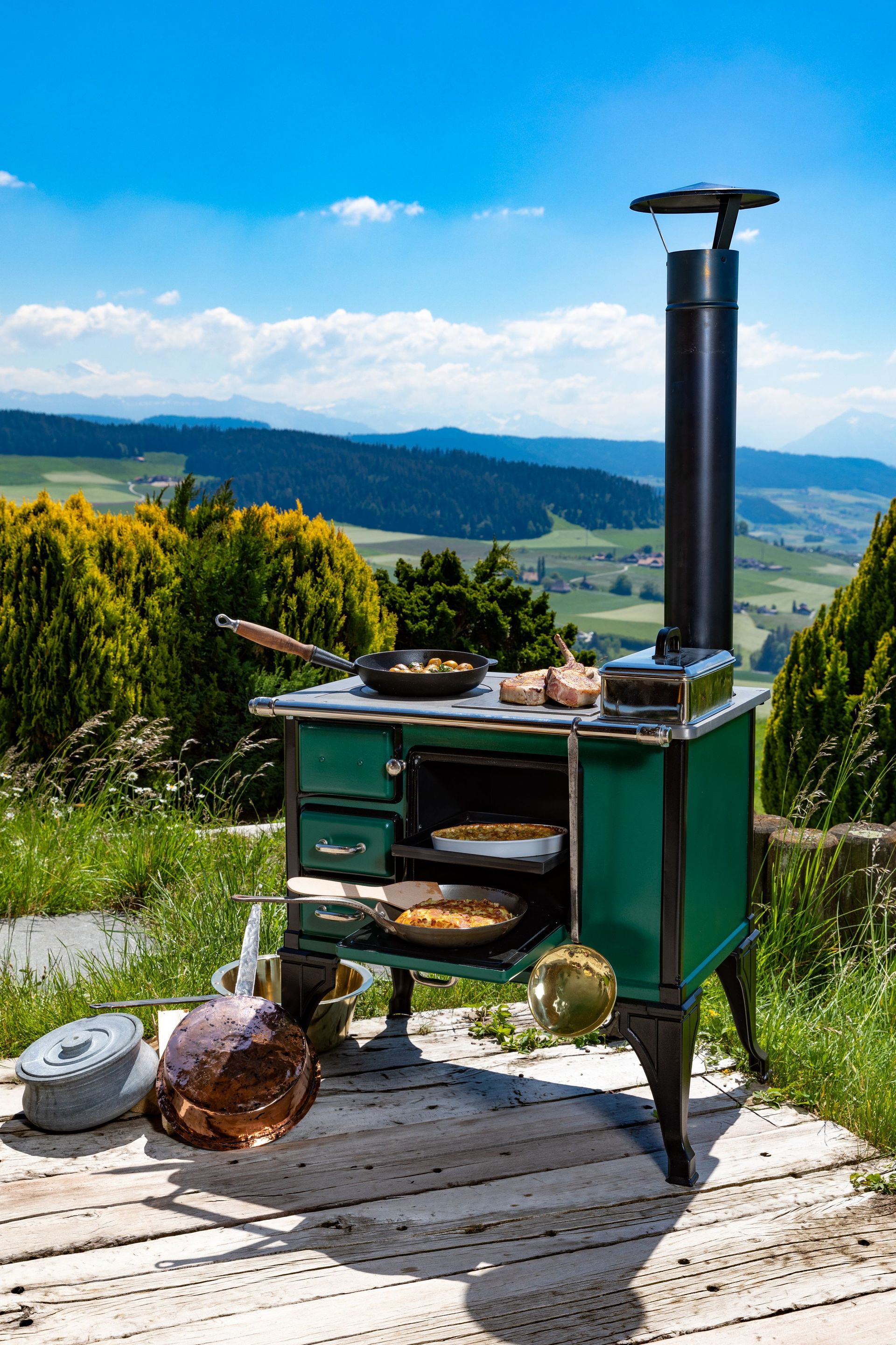 Cuisinière à bois peinte en British Racing Green et noir. Sur la plaque supérieure, on peut cuisiner avec une poêle ancienne et parallèlement, de l’autre côté, on peut griller des aliments sur une grille massive posée au-dessus d’un accessoire de cuisson au feu de bois.
