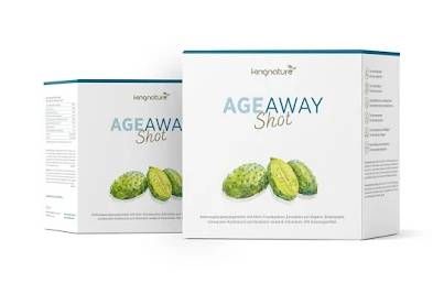 Zwei Schachteln des Nahrungsergänzungsmittels „Age Away Shot“ mit grüner Fruchtillustration. Weisse Schachteln mit türkisfarbenen Akzenten.