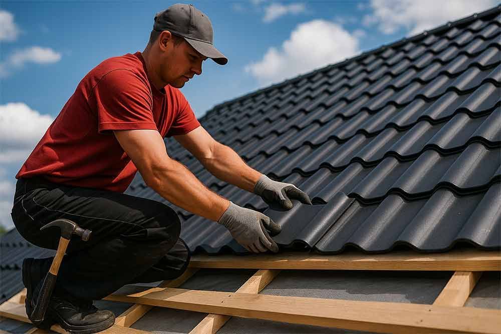 Ein Mann arbeitet auf dem Dach eines Hauses.