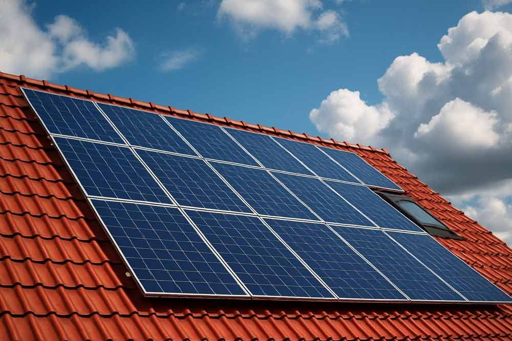 Eine Reihe von Solarmodulen auf einem roten Ziegeldach