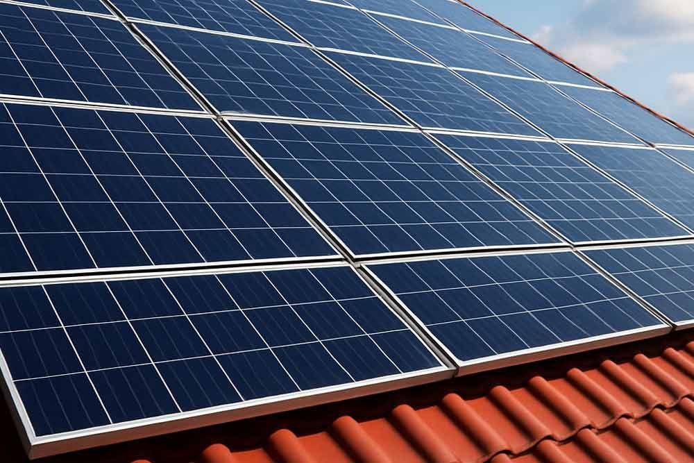 Eine Reihe von Solarmodulen auf einem roten Ziegeldach