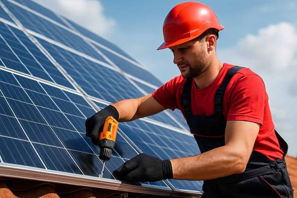 Ein Mann installiert Solarmodule auf einem Dach.