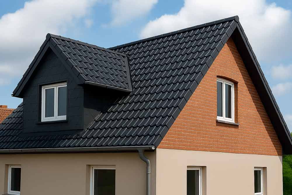 Ein Haus mit schwarzem Dach und Backsteinfassade