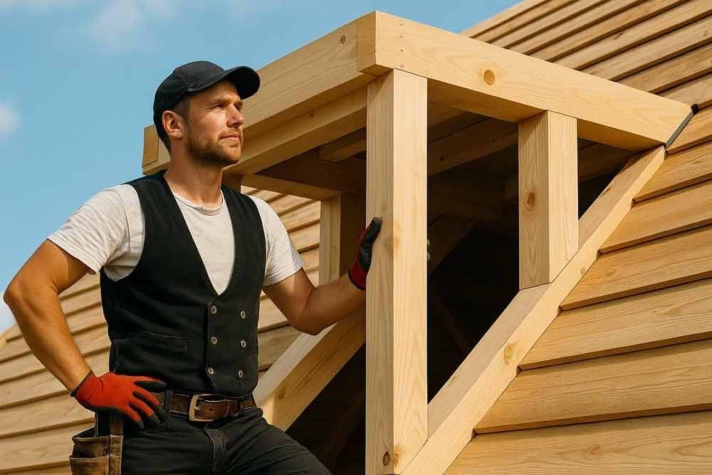 Ein Mann steht auf einer Holzkonstruktion.