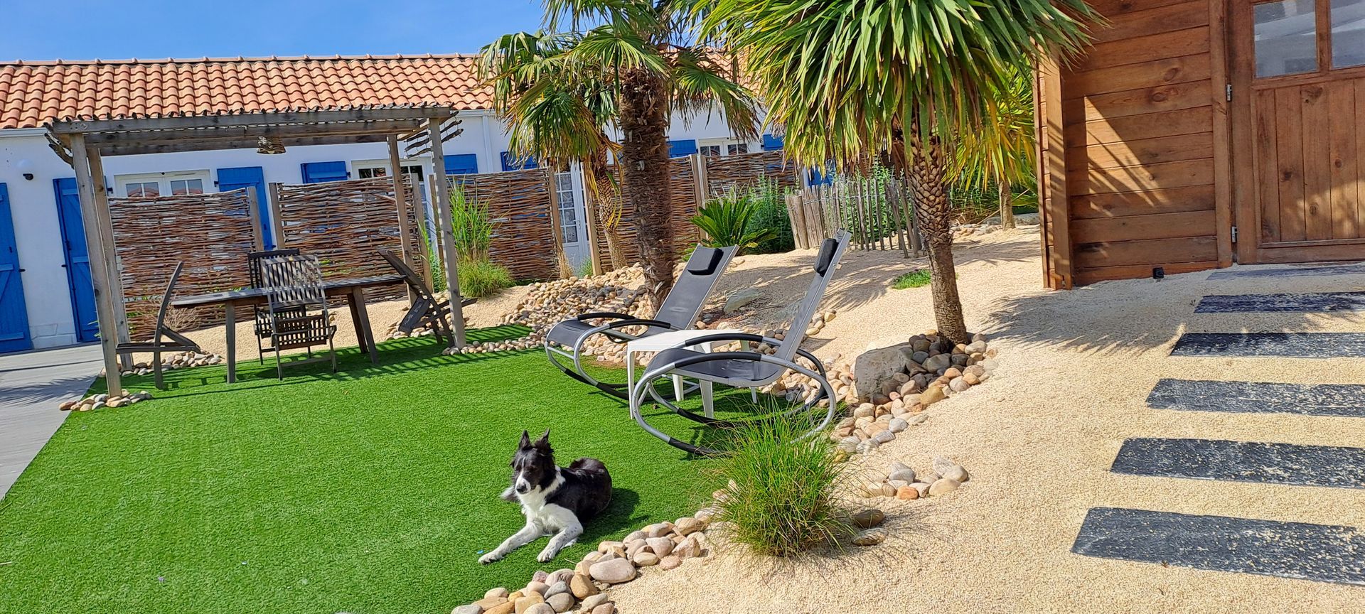 Une pelouse avec une allée de graviers et un chien couché sur la pelouse