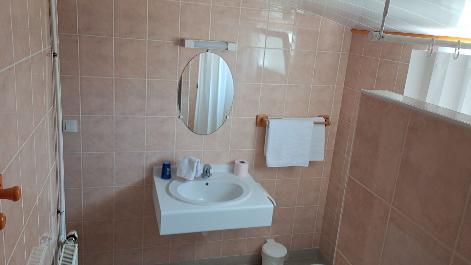 Une salle de bains avec miroir ovale