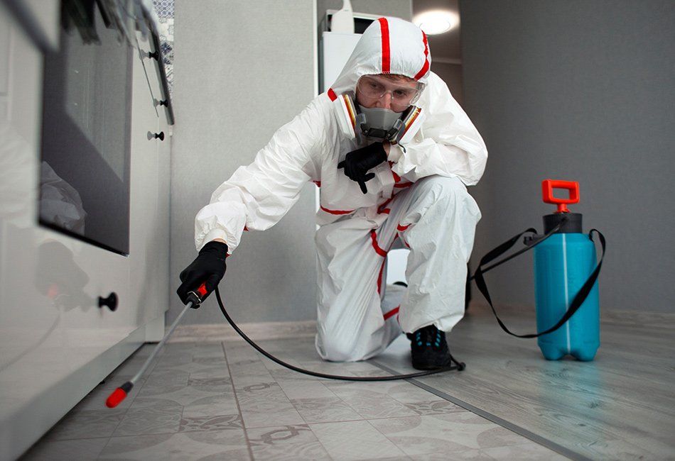 Un ouvrier portant une combinaison projette un produit curatif à l'aide d'un pulvérisateur