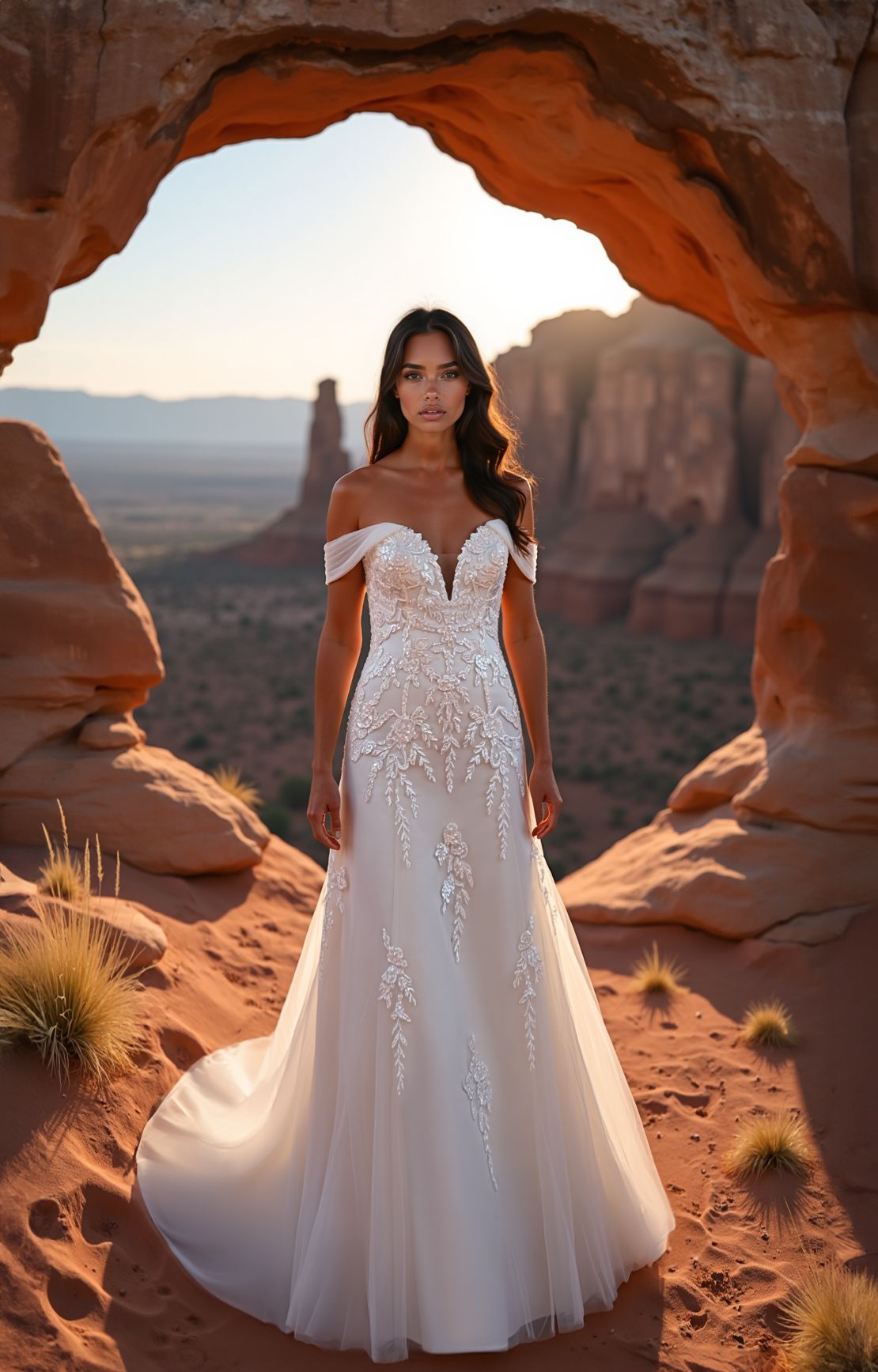 Ein Plus-Size-Model trägt ein weißes Hochzeitskleid.