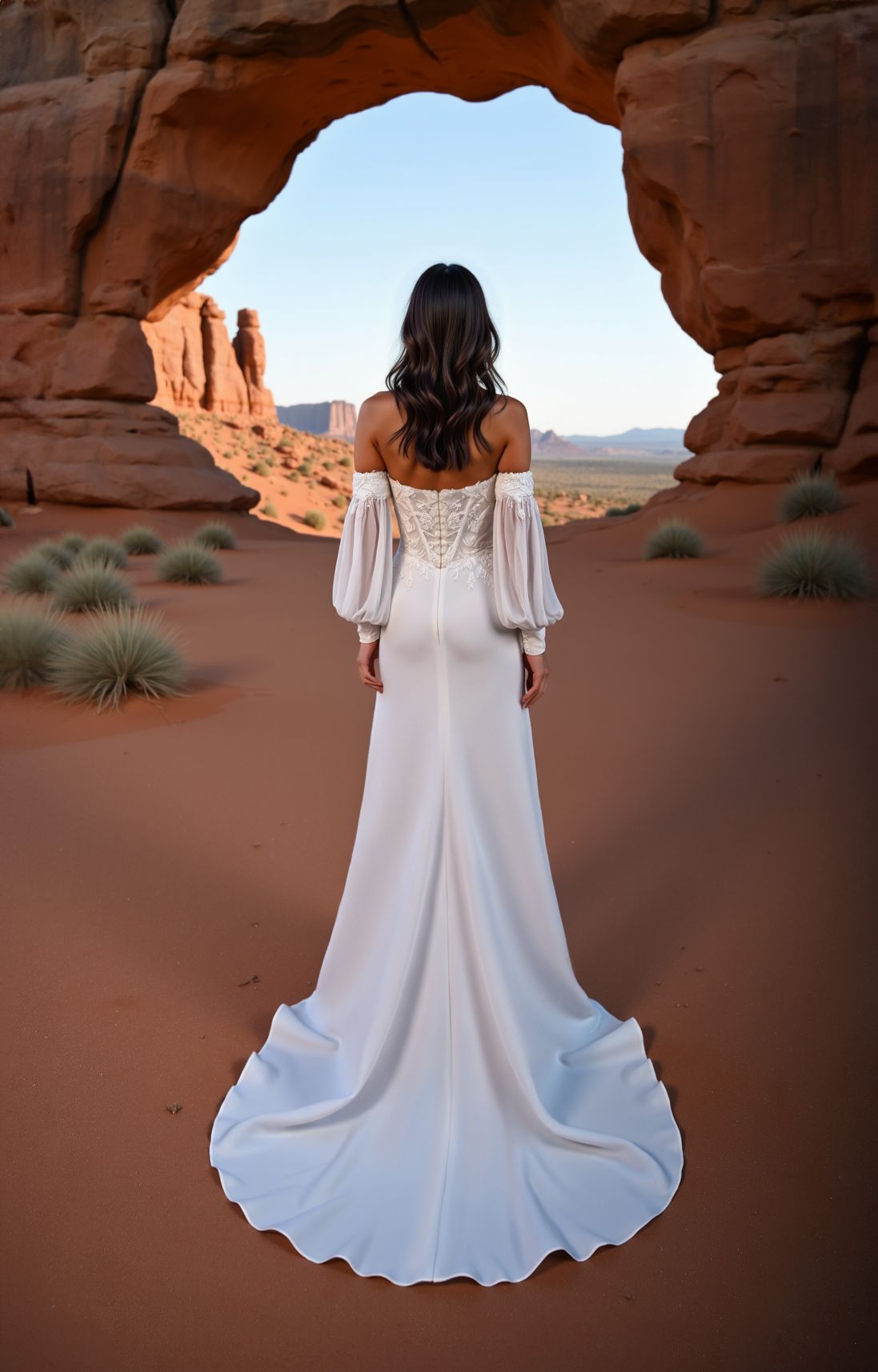 Abgebildet ist die Rückseite eines Brautkleides.