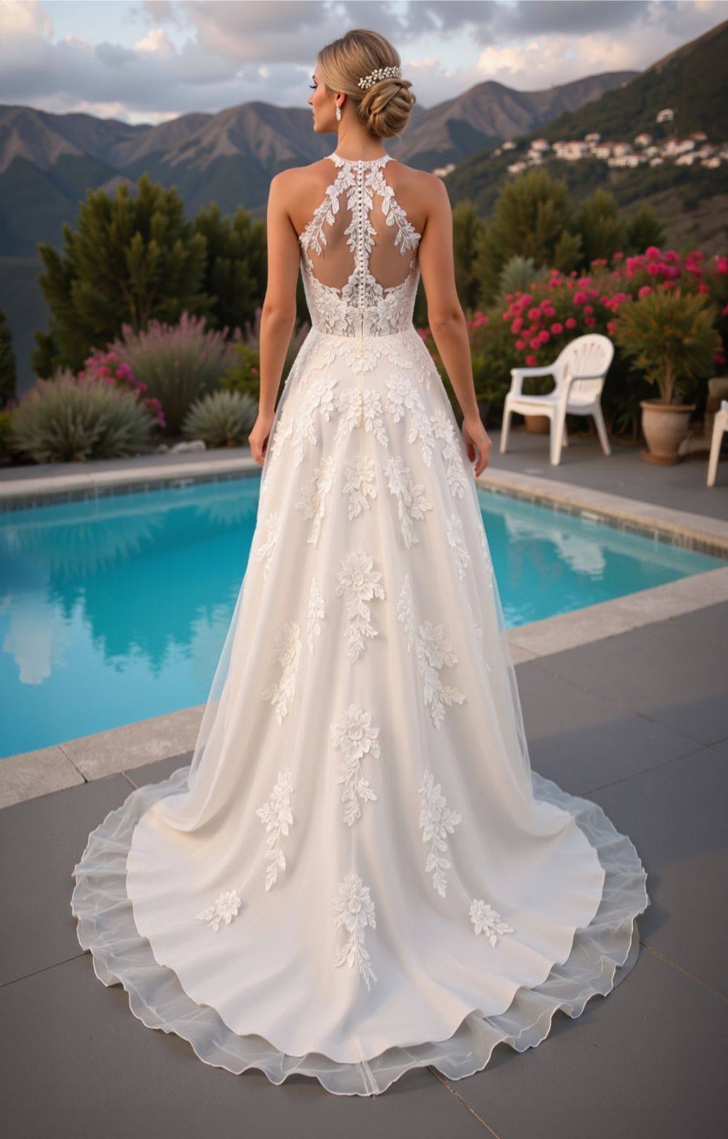 Abgebildet ist die Rückseite eines Brautkleides.