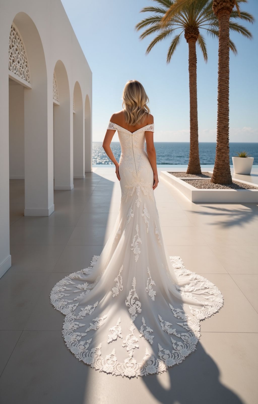 Eine Frau in einem weißen Hochzeitskleid steht vor einem grauen Hintergrund.