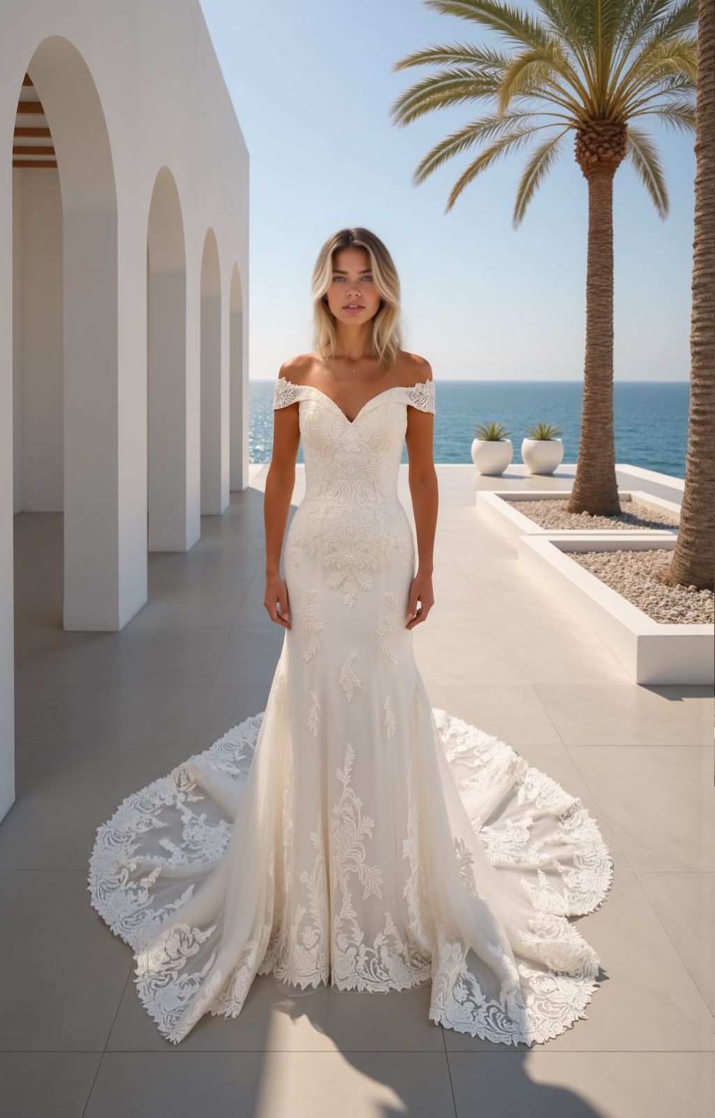 Eine Frau in einem weißen Hochzeitskleid steht vor einem grauen Hintergrund.