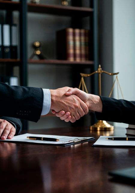 Un apretón de manos entre dos personas sobre un escritorio en un bufete de abogados, con una balanza de la justicia al fondo.